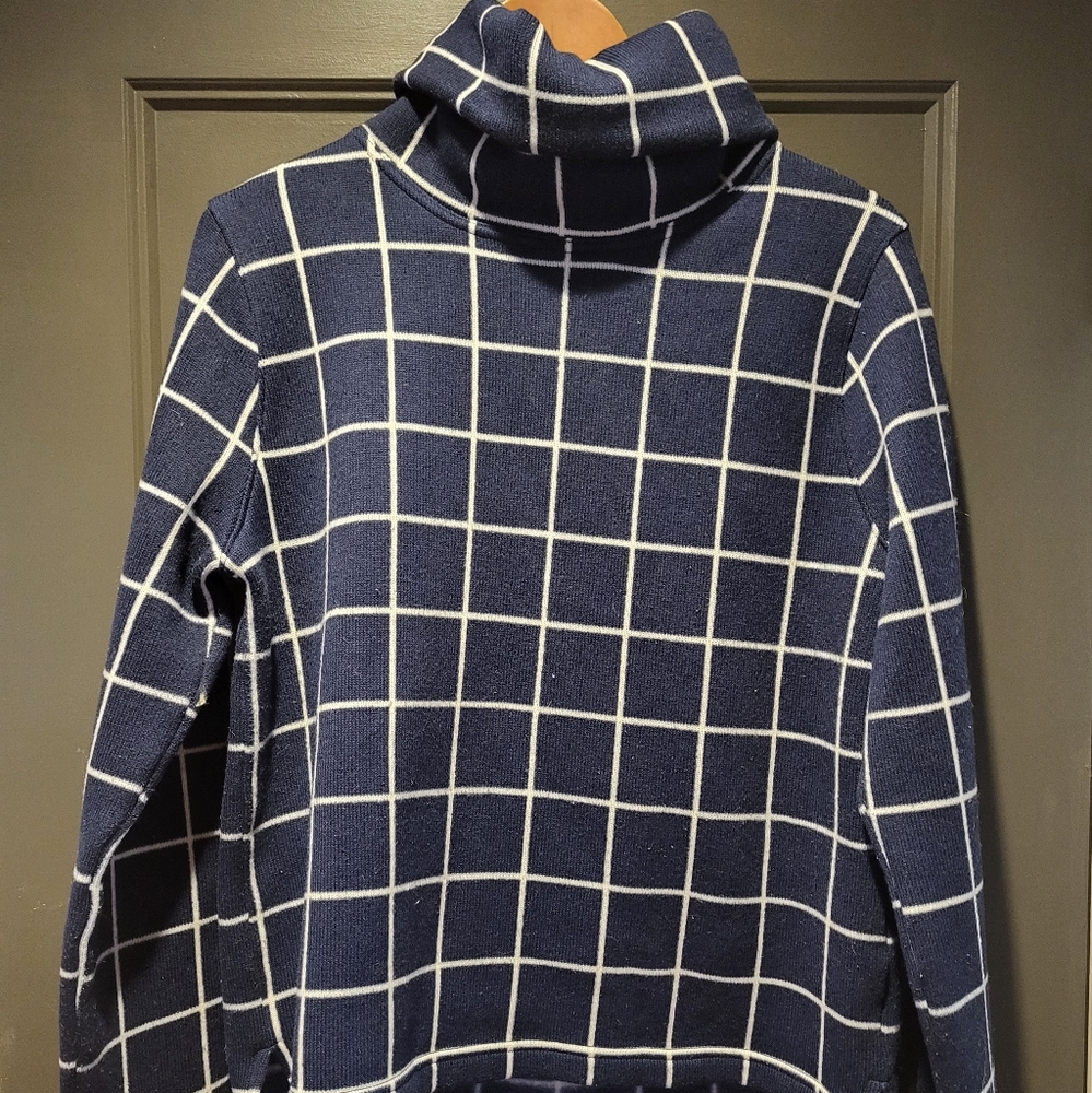 J Crew Long Sleeve Funnel Neck Fleece Pullover Navy Blue Window Pane Print